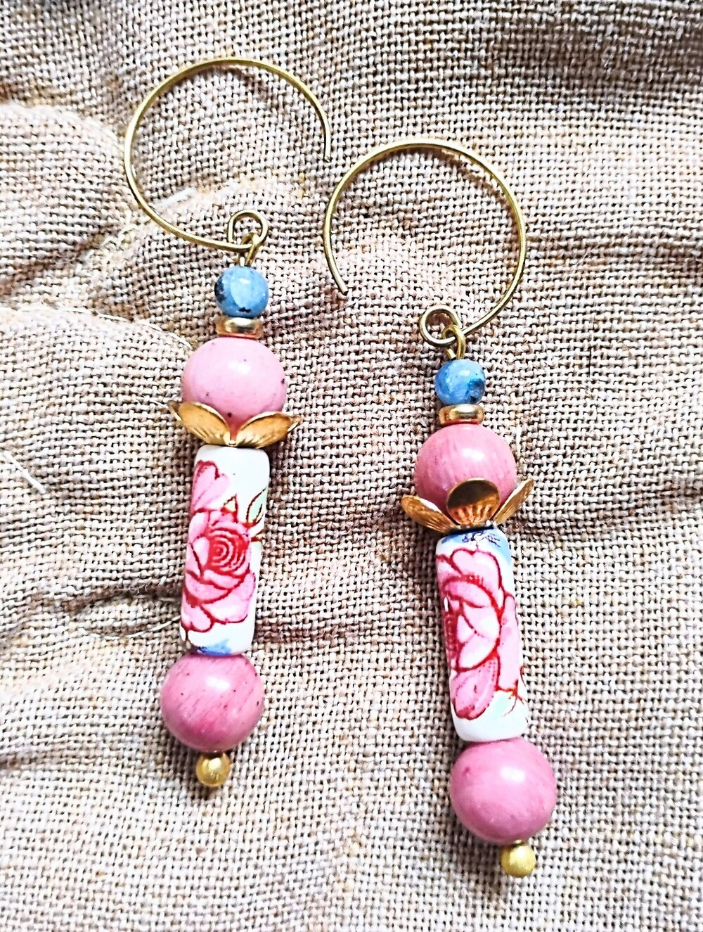 Handmade Rose Beads, Pink Rhodochrosite, and Kyanite Floral Earrings